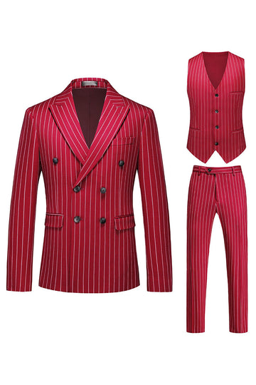 Rayures rouges Peak Lapel Hommes 3 pièces Costumes